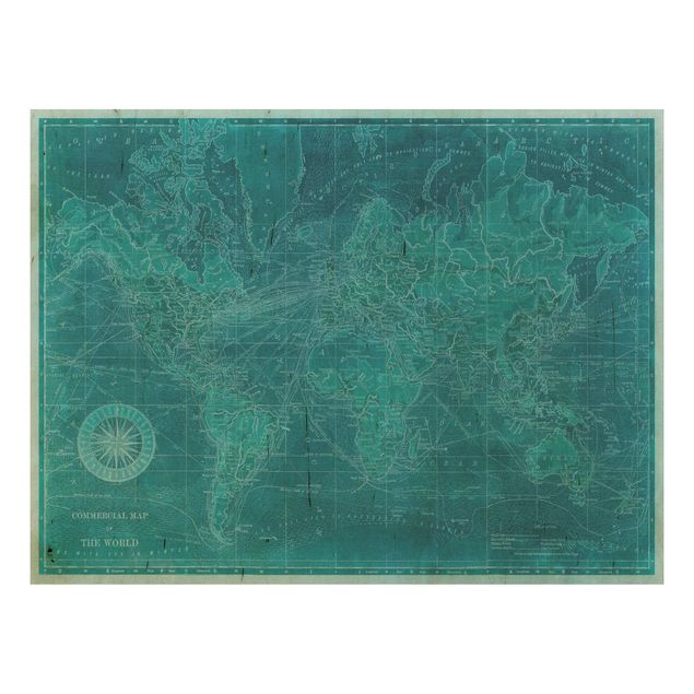 Print on wood - Vintage World Map Azure