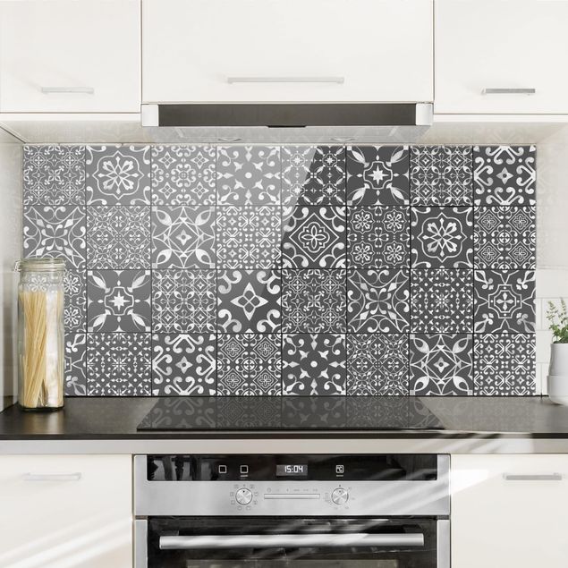 Glass splashback kitchen tiles Patterned Tiles Dark Gray White