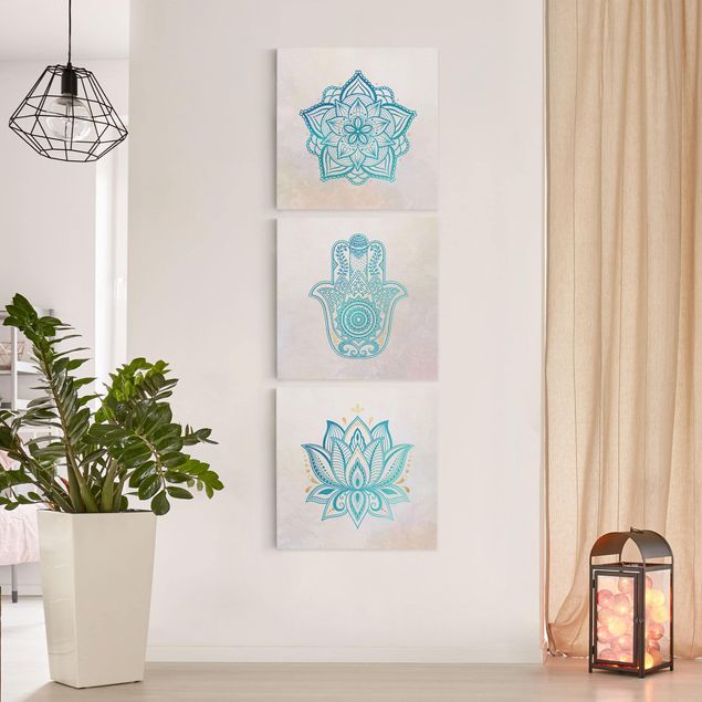 Print on canvas - Mandala Hamsa Hand Lotus Set Gold Blue
