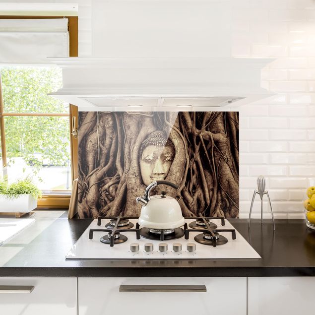 Glass splashback landscape Buddha In Ayutthaya Lined From Tree Roots In Brown
