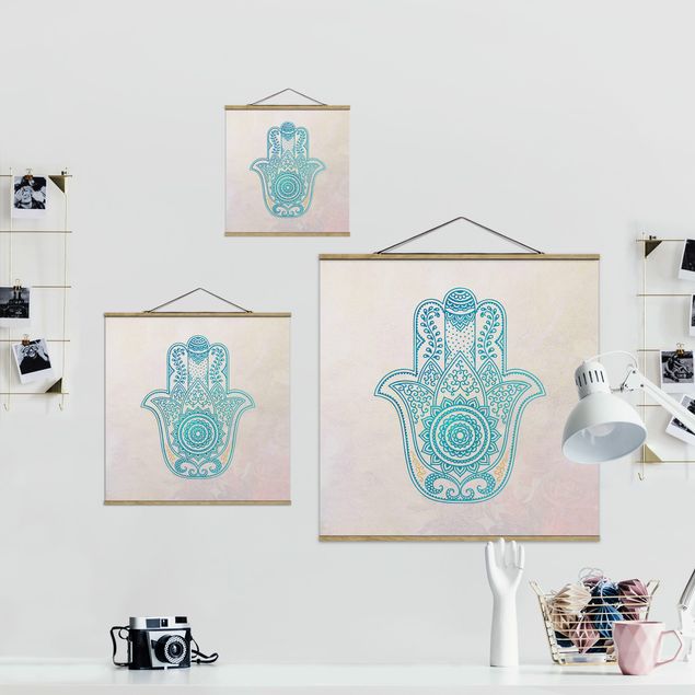 Fabric print with poster hangers - Hamsa Hand Illustration Mandala Gold Blue