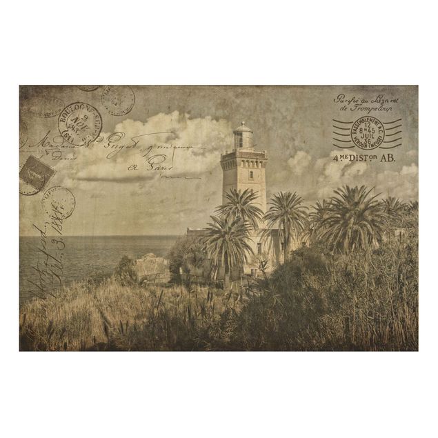 Print on wood - Vintage Postcard With Lighthouse And Palm Trees