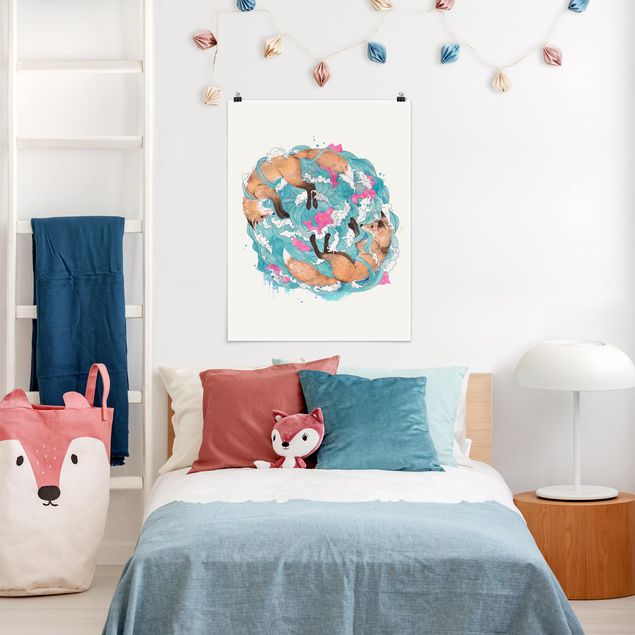 Poster - Illustration Foxes And Waves Painting
