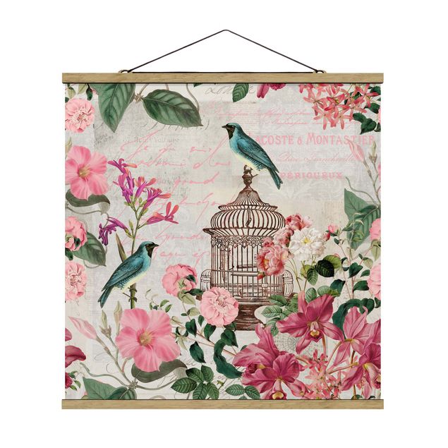 Fabric print with poster hangers - Shabby Chic Collage - Pink Flowers And Blue Birds