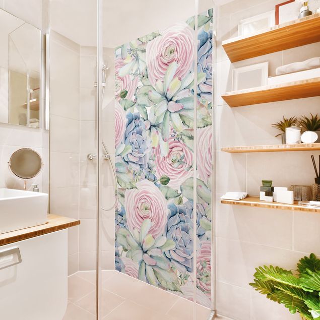Shower wall panels Watercolour Succulents And Ranunculus Pattern