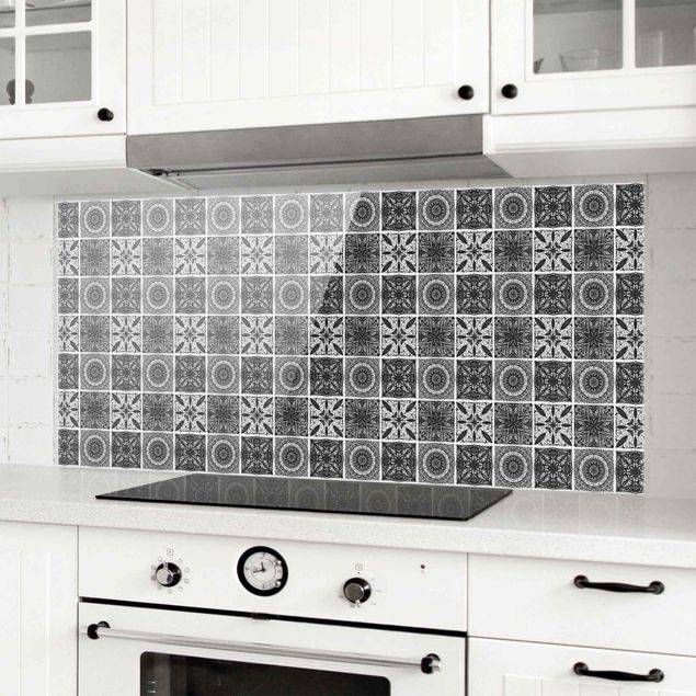 Glass splashback tiles Oriental Mandala Pattern Mix In Black With Glitter Look