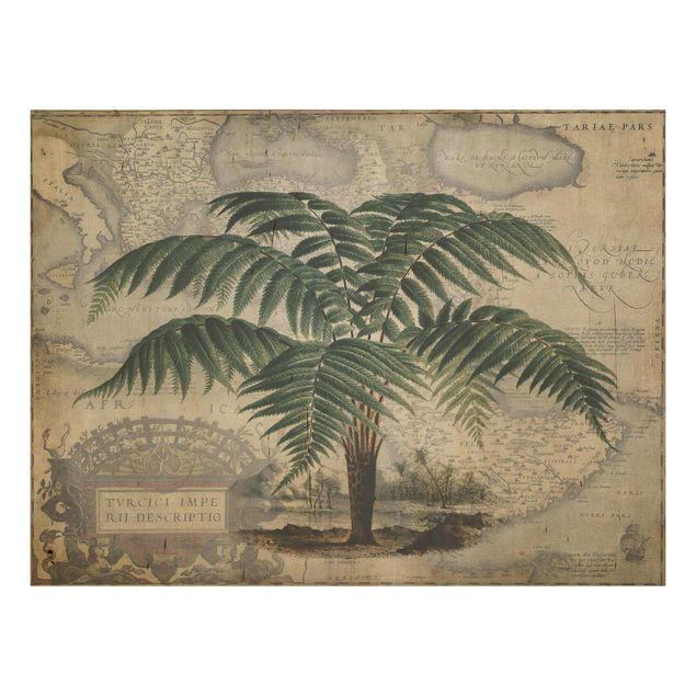 Print on wood - Vintage Collage - Palm And World Map