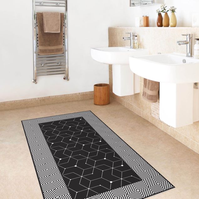 hallway runner Geometrical Tiles Dotted Lines Black With Border