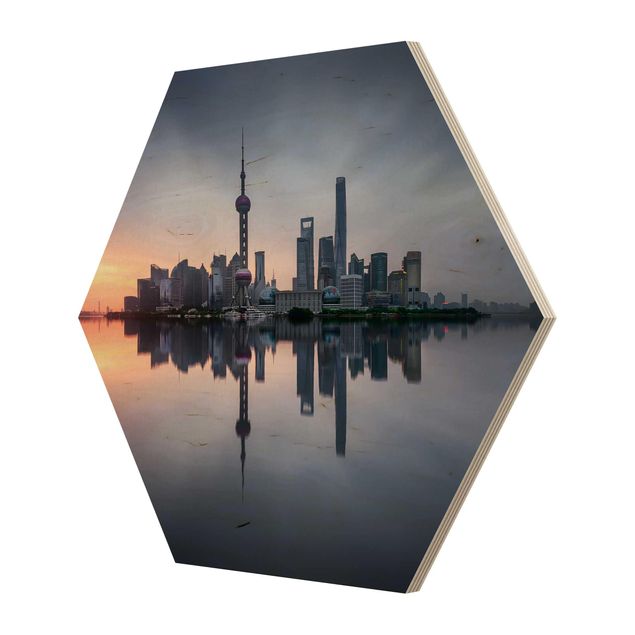 Wooden hexagon - Shanghai Skyline Morning Mood