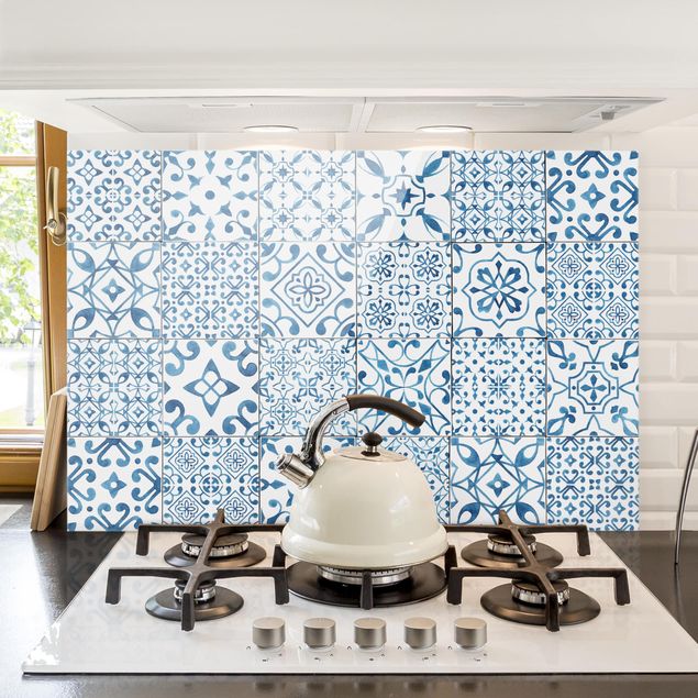 Glass splashback kitchen tiles Patterned Tiles Blue White
