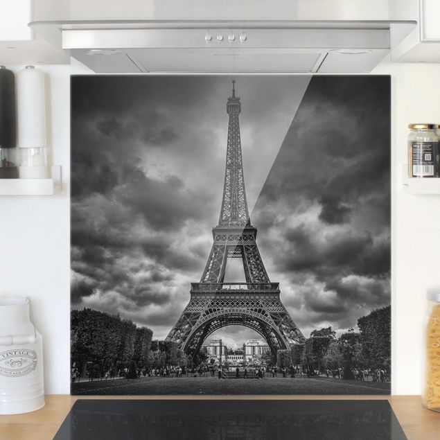 Glass splashback architecture and skylines Eiffel Tower In Front Of Clouds In Black And White