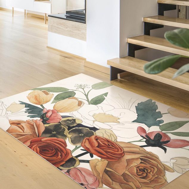 Outdoor rugs Drawing Flower Bouquet In Red And Sepia II