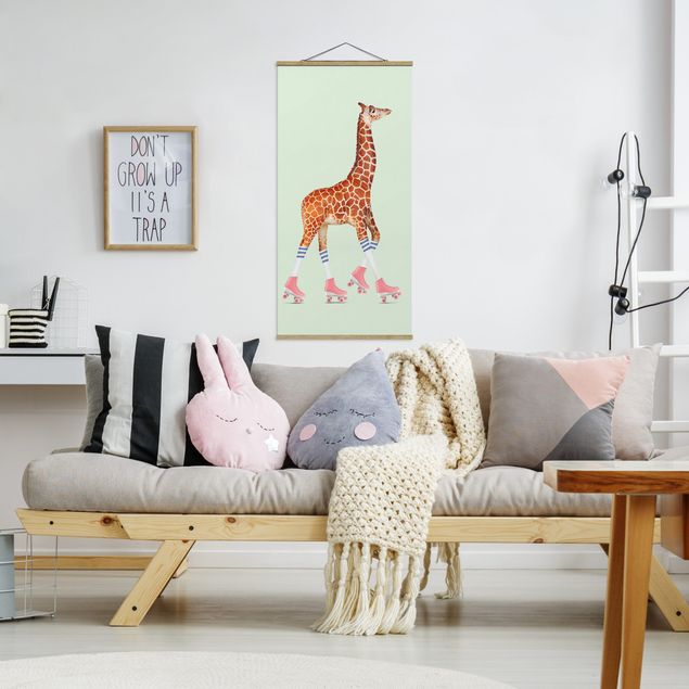 Fabric print with poster hangers - Giraffe With Roller Skates