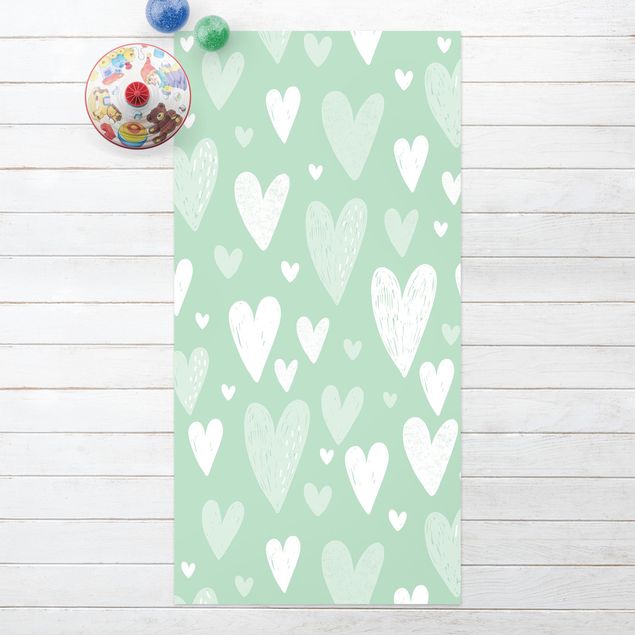 balcony mat Small And Big Drawn White Hearts On Green