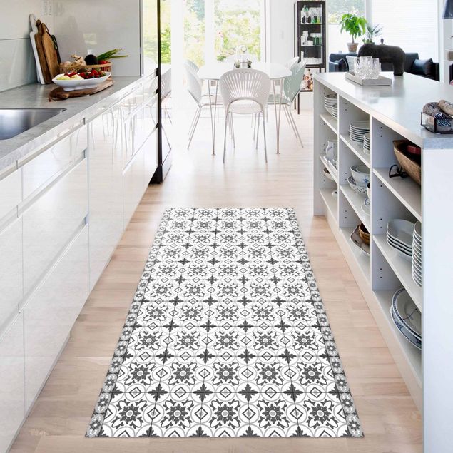 kitchen runner rugs Geometrical Tile Mix Flower Grey