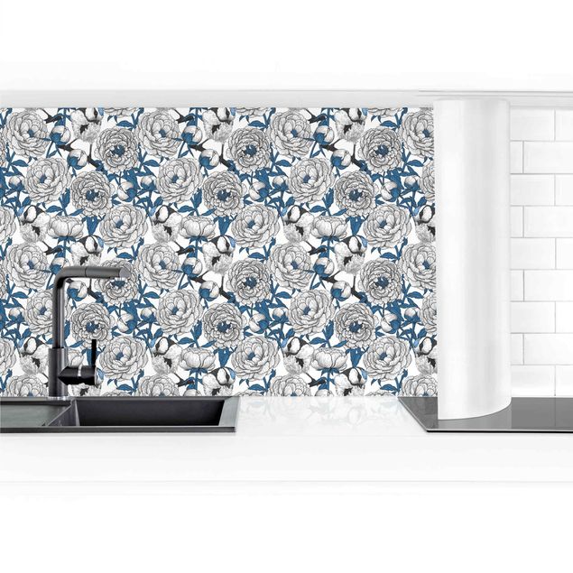 Kitchen splashbacks Peonies And Tomtits In White And Blue