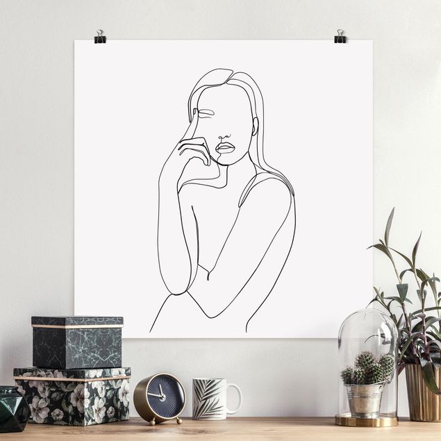 Poster - Line Art Pensive Woman Black And White