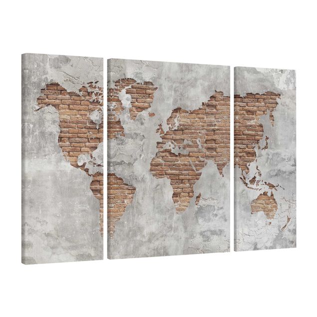 Print on canvas 3 parts - Shabby Concrete Brick World Map