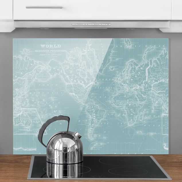 Glass splashback kitchen World Map In Ice Blue