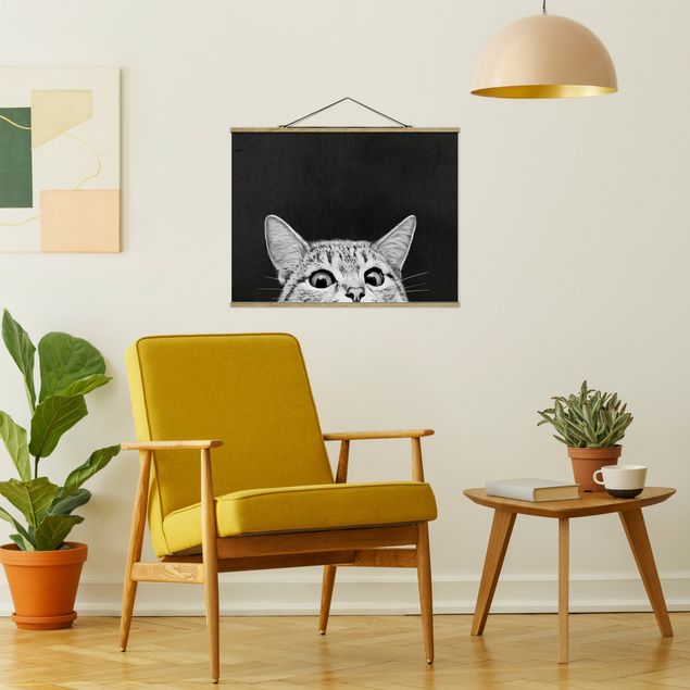 Fabric print with poster hangers - Illustration Cat Black And White Drawing