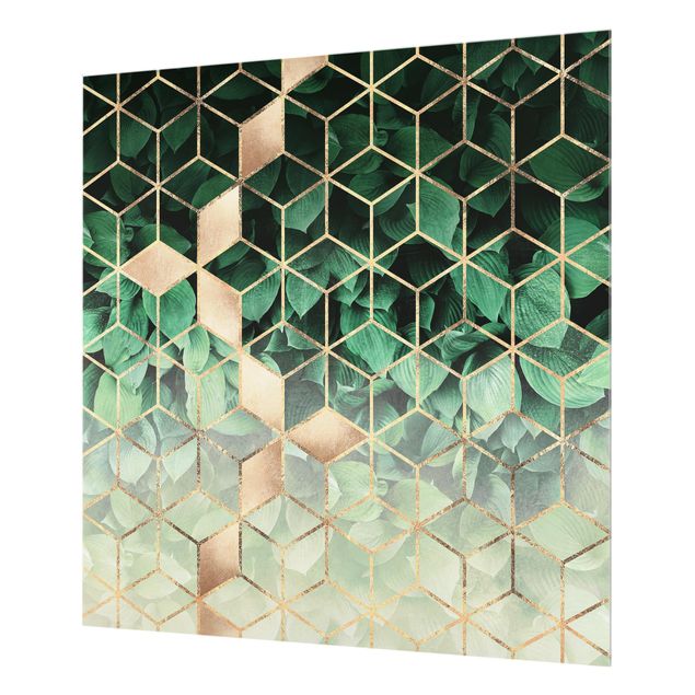 Glass Splashback - Green Leaves Golden Geometry - Square 1:1