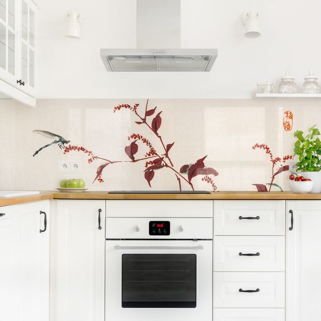 Kitchen splashbacks Asian Vintage Drawing Red Branch With Dragonfly
