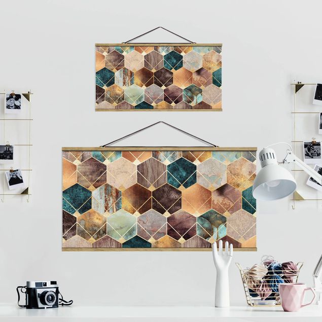 Fabric print with poster hangers - Turquoise Geometry Golden Art Deco