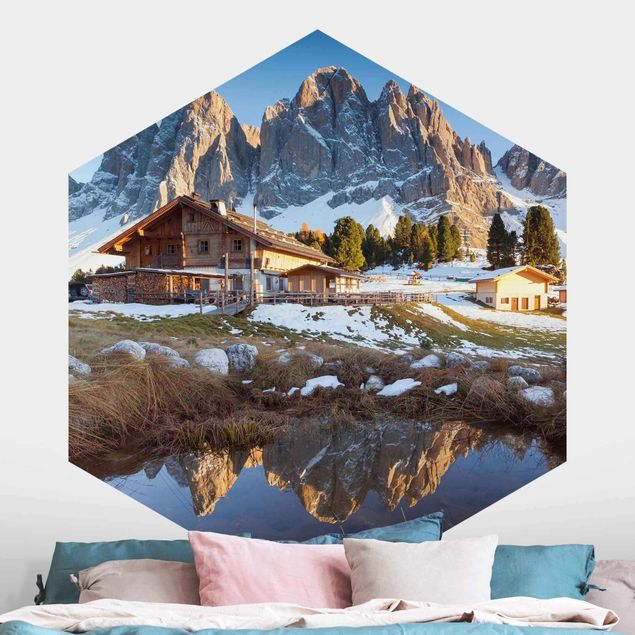 Self-adhesive hexagonal wall mural Mountain Hut