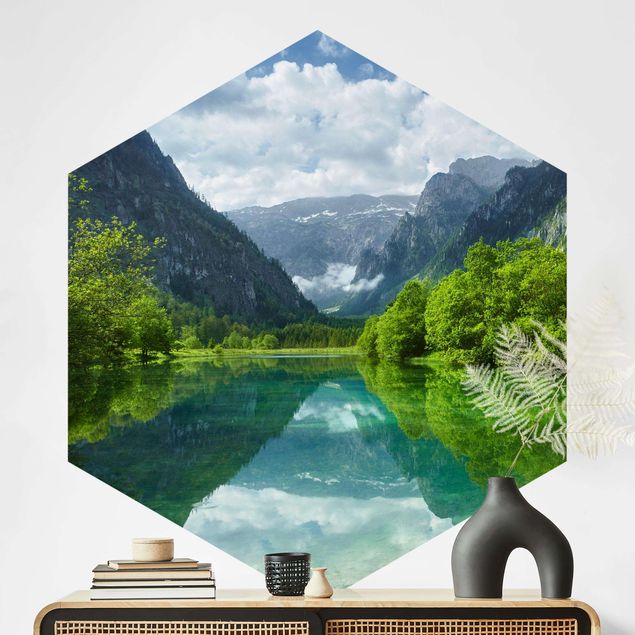 Hexagonal wallpapers Mountain Lake With Reflection