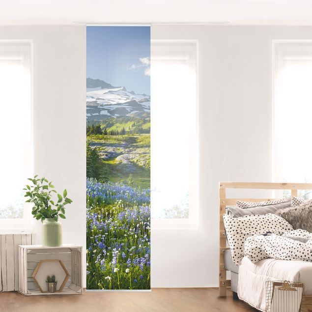 Sliding panel curtains set - Mountain Meadow With Blue Flowers in Front of Mt. Rainier