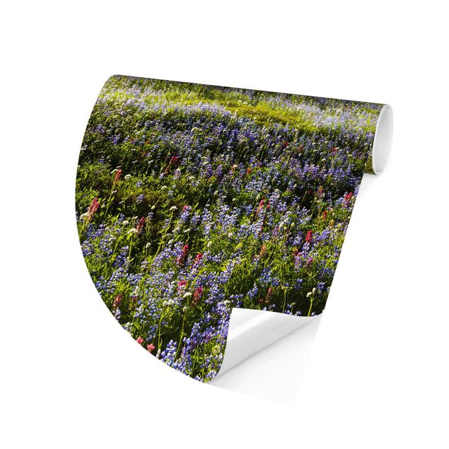 Self-adhesive round wallpaper - Mountain Meadow With Red Flowers in Front of Mt. Rainier