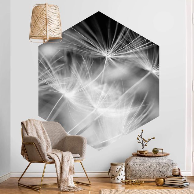 Self-adhesive hexagonal pattern wallpaper - Moving Dandelions Close Up On Black Background