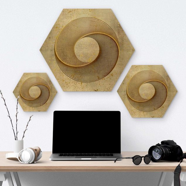 Hexagon Picture Wood - Line Art Circle Spiral Gold