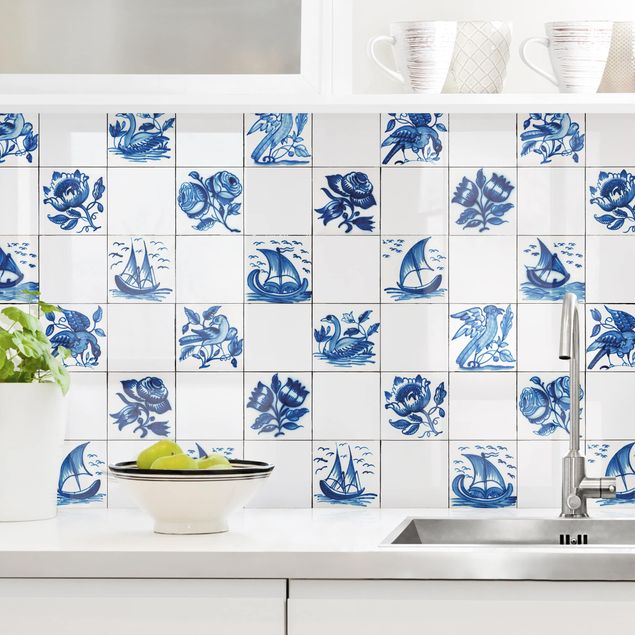 Kitchen splashback patterns Hand Painted Tiles With Flowers, Ships And Birds