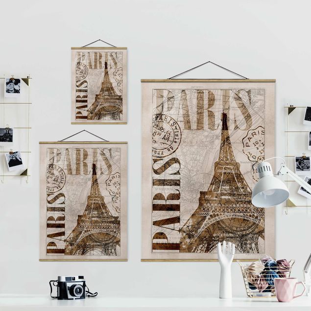 Fabric print with poster hangers - Shabby Chic Collage - Paris