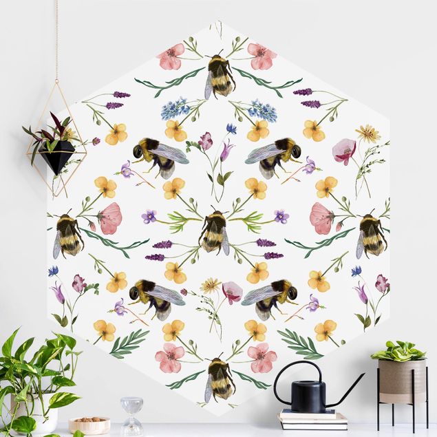 Hexagonal wall mural Bees With Flowers