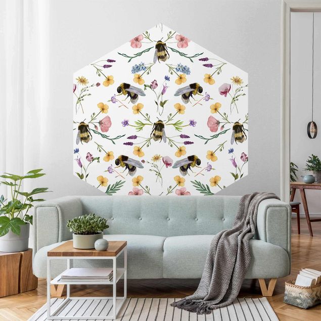 Self-adhesive hexagonal pattern wallpaper - Bees With Flowers