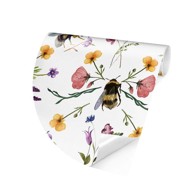 Self-adhesive round wallpaper - Bees With Flowers