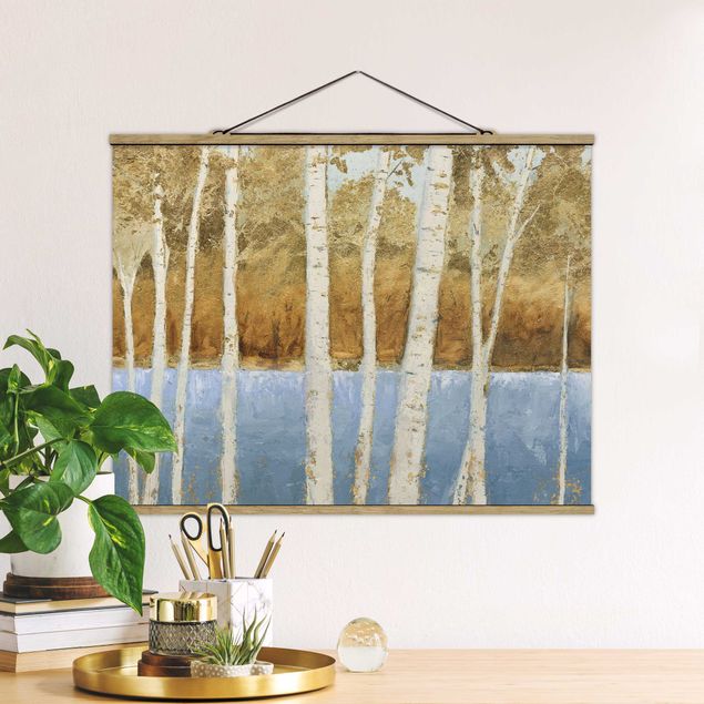 Fabric print with poster hangers - Birch trees on the lakeshore - Landscape format 4:3