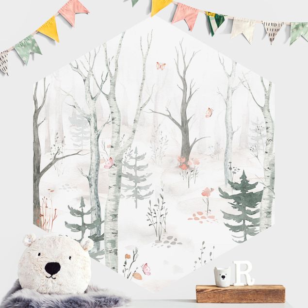 Hexagonal wall mural Birch forest with poppies