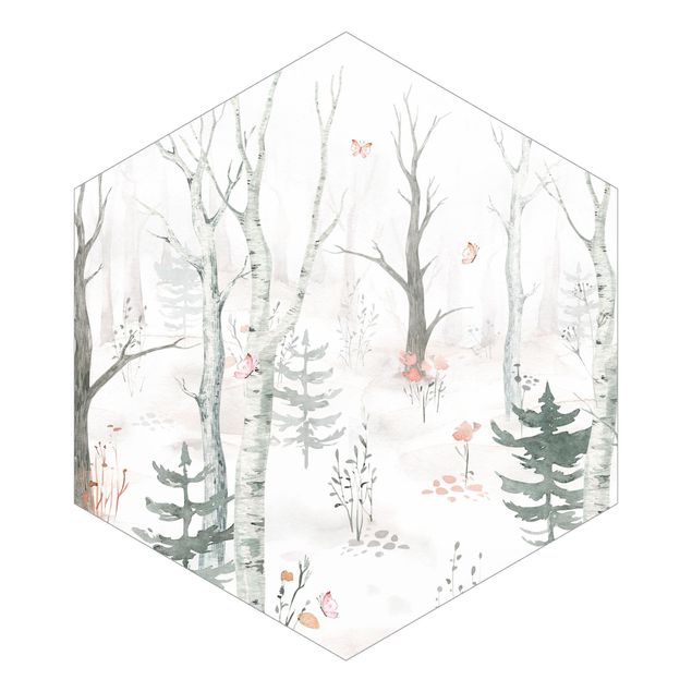 Self-adhesive hexagonal pattern wallpaper - Birch forest with poppies