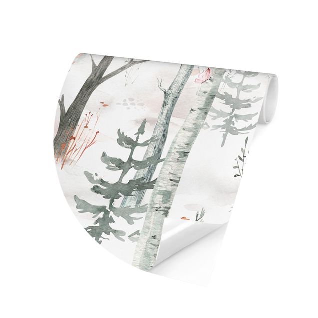 Self-adhesive round wallpaper - Birch forest with poppies