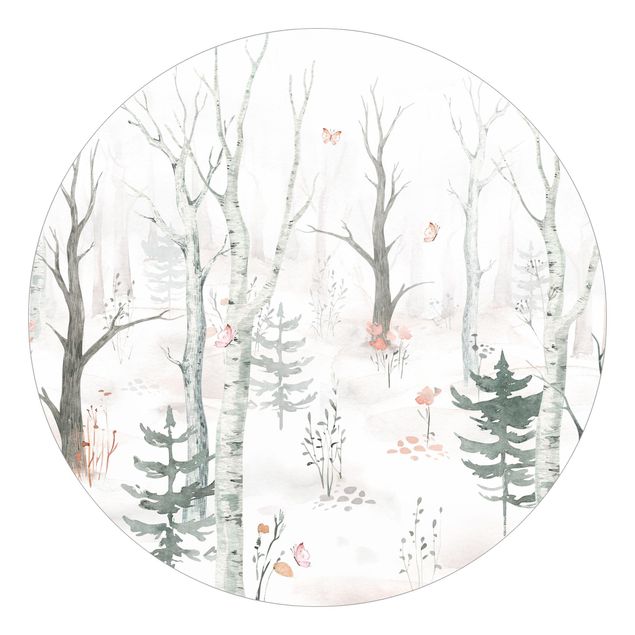 Self-adhesive round wallpaper - Birch forest with poppies
