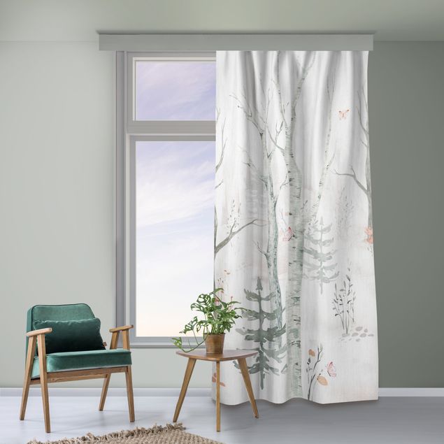 contemporary curtains Birch forest with poppies