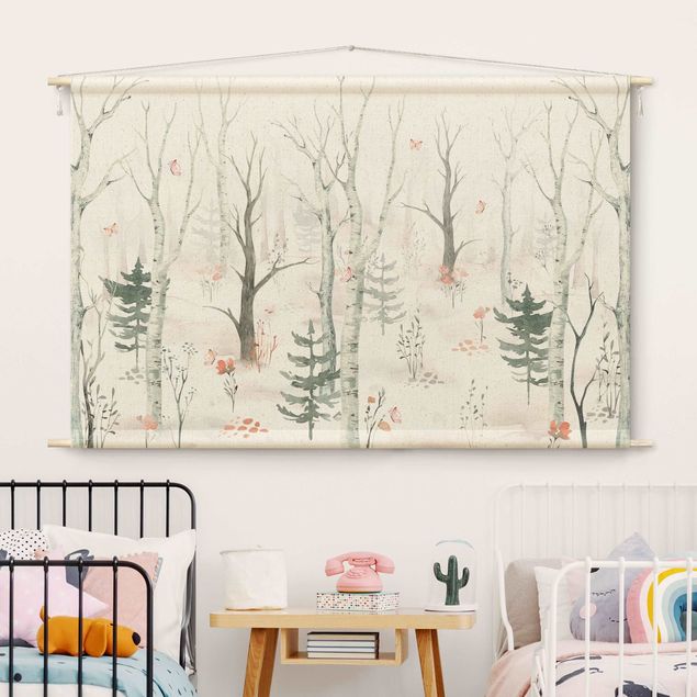 modern tapestry Birch forest with poppies