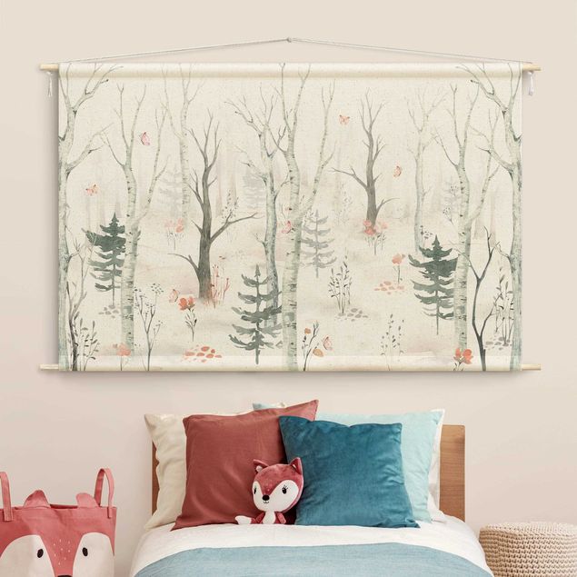 tapestry nature Birch forest with poppies