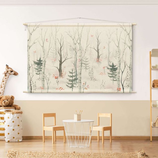 forest tapestry Birch forest with poppies