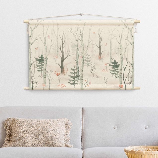 extra large tapestry Birch forest with poppies