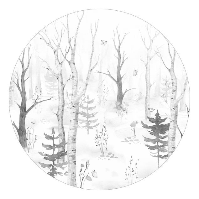 Self-adhesive round wallpaper - Birch forest with poppies black white