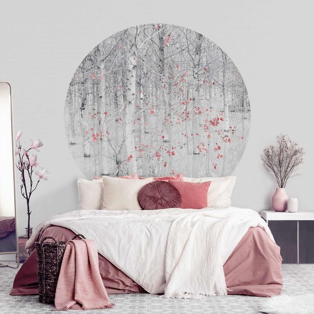 Self-adhesive round wallpaper - Birch Tree Forest With Light Pink Leaves